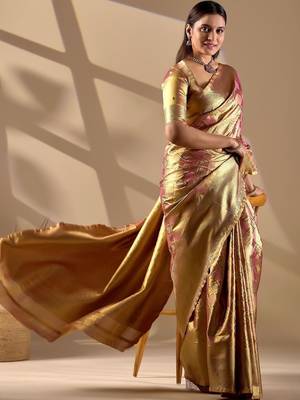 Gold silk blend woven design saree with blouse 2