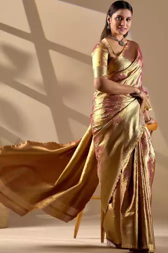 Gold silk blend woven design saree with blouse