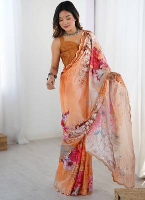 peach heavy chiffon mirror work saree 1