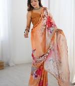 peach heavy chiffon mirror work saree