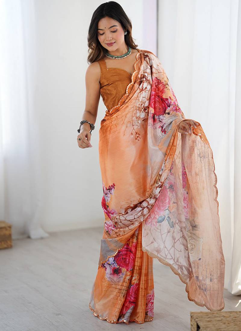 peach heavy chiffon mirror work saree