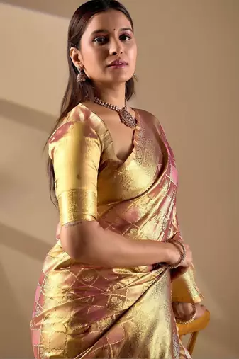 Gold silk blend woven design saree with blouse