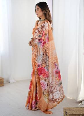 peach heavy chiffon mirror work saree 2