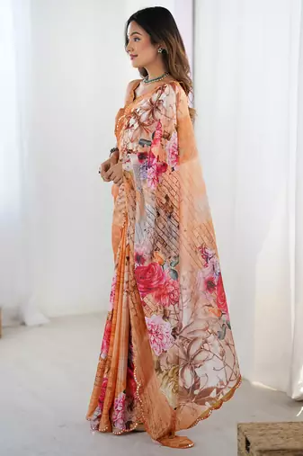 peach heavy chiffon mirror work saree