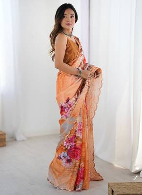 peach heavy chiffon mirror work saree 5