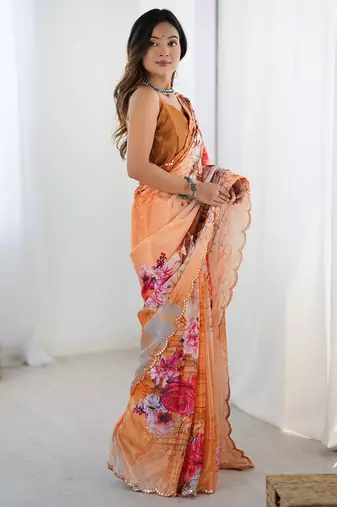 peach heavy chiffon mirror work saree