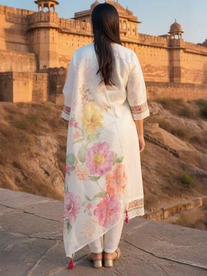 Women Floral Embroidered Regular Thread Work Kurta & Trousers With Dupatta 4