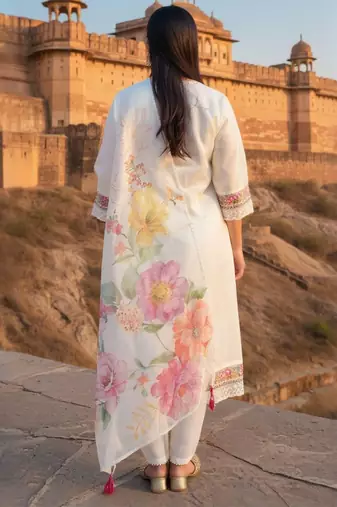 Women Floral Embroidered Regular Thread Work Kurta & Trousers With Dupatta