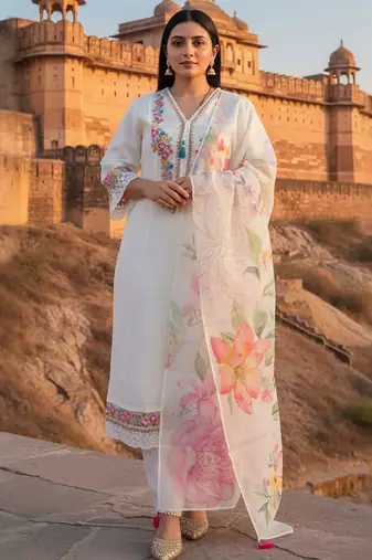 Women Floral Embroidered Regular Thread Work Kurta & Trousers With Dupatta