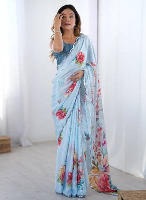 aqua blue heavy chiffon mirror work saree 1