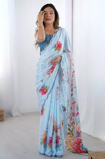 aqua blue heavy chiffon mirror work saree