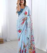 aqua blue heavy chiffon mirror work saree