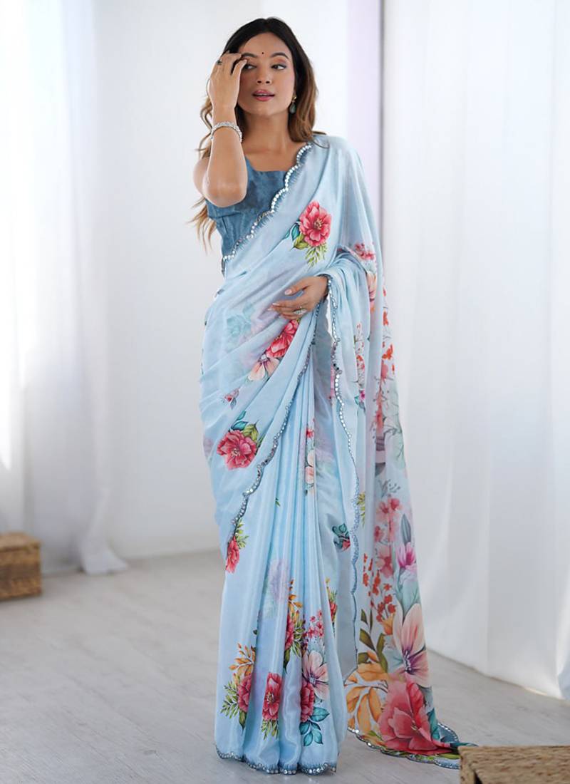 aqua blue heavy chiffon mirror work saree