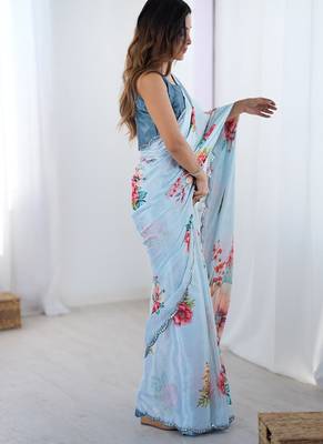 aqua blue heavy chiffon mirror work saree 2