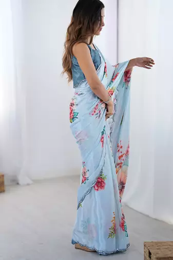aqua blue heavy chiffon mirror work saree