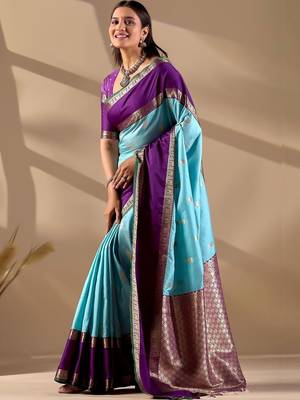 Multicolor silk blend woven design saree with blouse 3