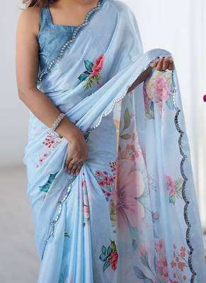 aqua blue heavy chiffon mirror work saree 3