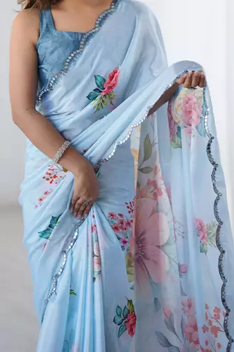 aqua blue heavy chiffon mirror work saree
