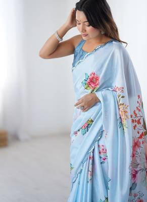 aqua blue heavy chiffon mirror work saree 4