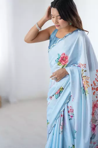 aqua blue heavy chiffon mirror work saree