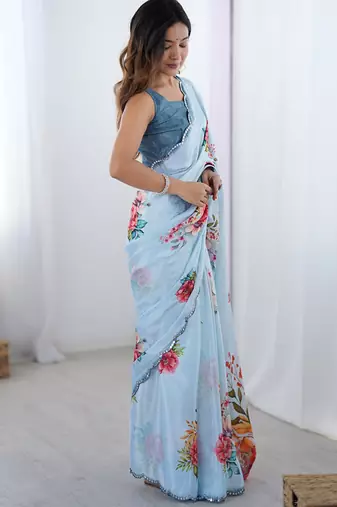 aqua blue heavy chiffon mirror work saree