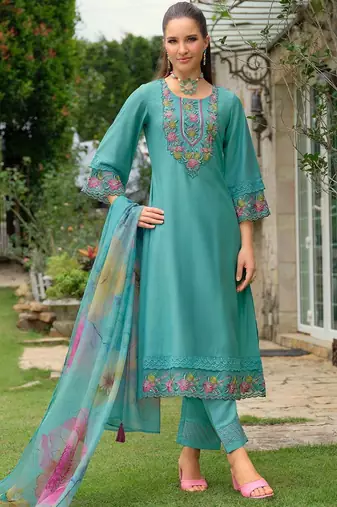 Women Floral Embroidered Regular Thread Work Kurta with Trousers & Dupatta