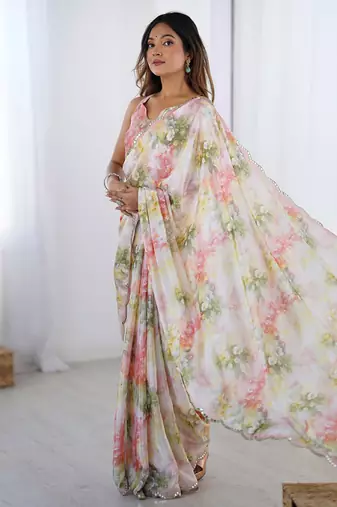 multicolor heavy chiffon mirror work saree