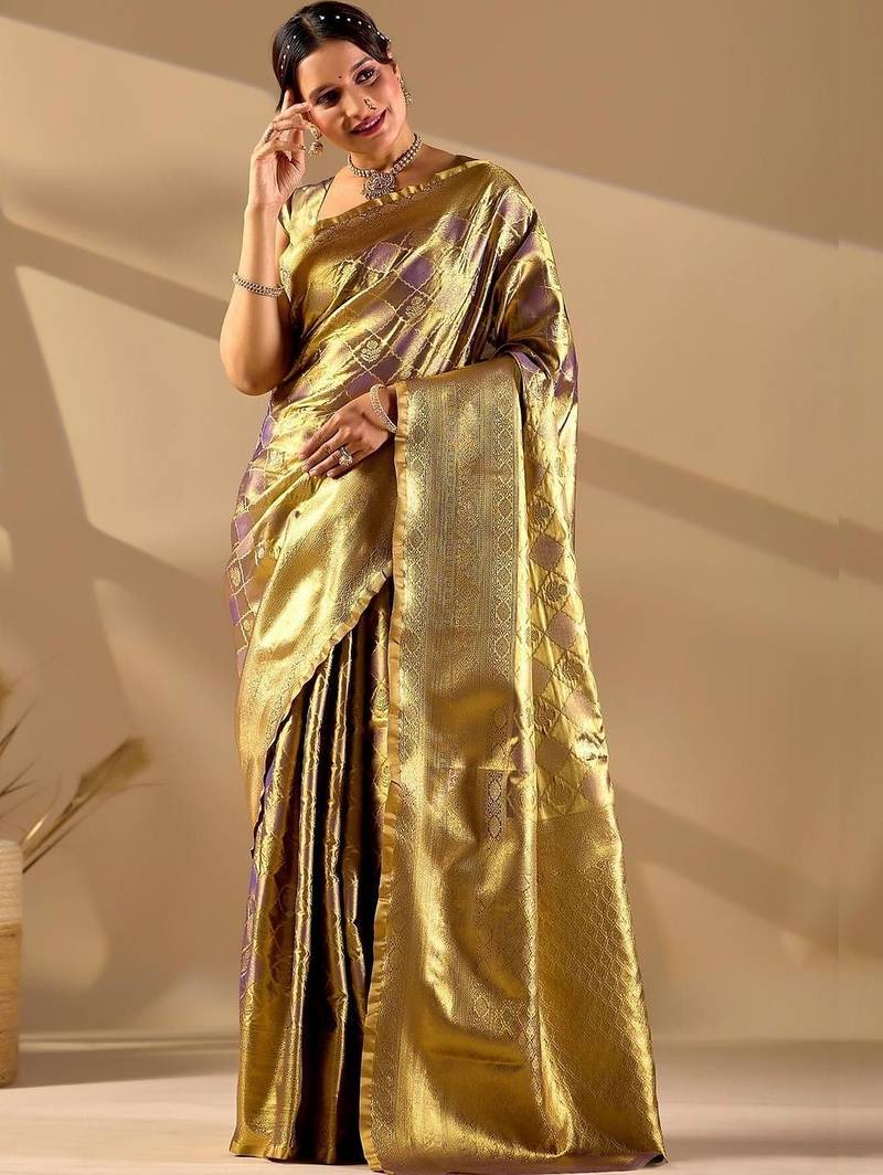 Gold silk blend woven design saree with blouse