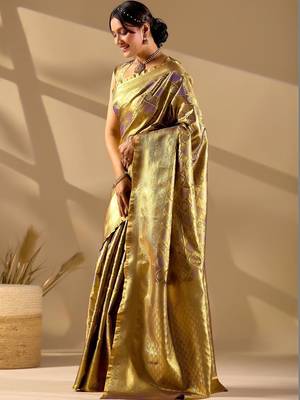 Gold silk blend woven design saree with blouse 2