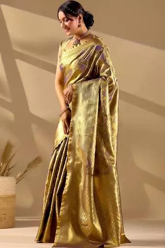 Gold silk blend woven design saree with blouse