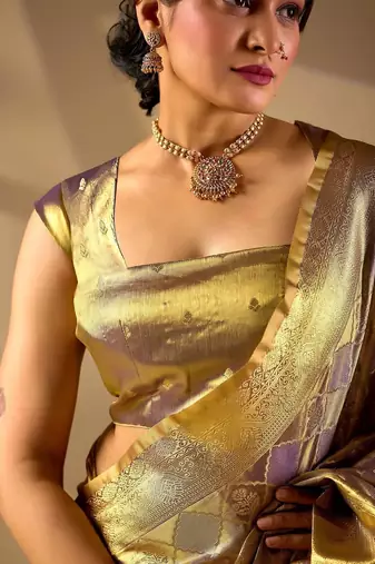 Gold silk blend woven design saree with blouse