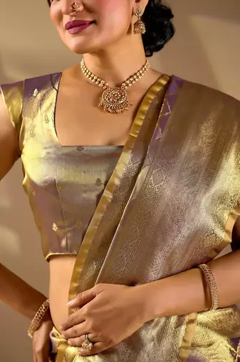 Gold silk blend woven design saree with blouse