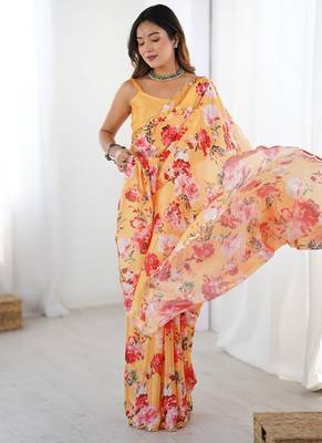 peach heavy chiffon mirror work saree 2