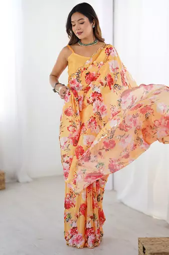 peach heavy chiffon mirror work saree