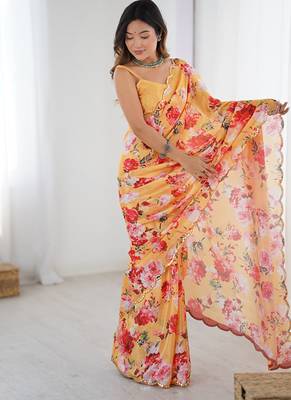 peach heavy chiffon mirror work saree 3