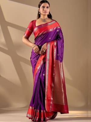 Purple silk blend woven design saree with blouse 1
