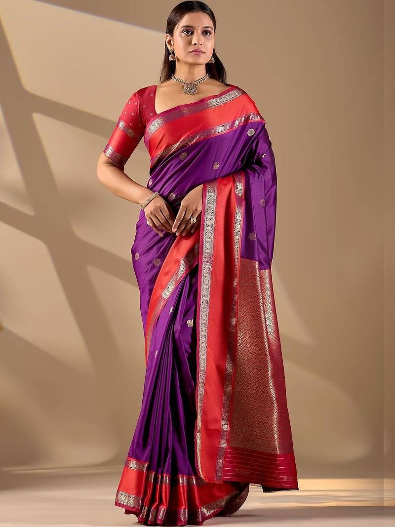 Purple silk blend woven design saree with blouse