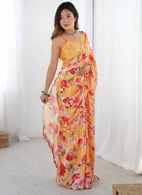 peach heavy chiffon mirror work saree 4