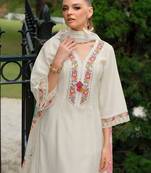 Floral Embroidered Thread Work V-Neck A-Line Kurta With Trousers & Dupatta