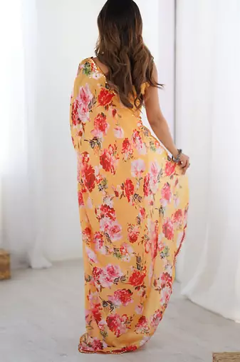 peach heavy chiffon mirror work saree