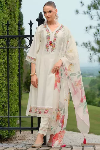 Floral Embroidered Thread Work V-Neck A-Line Kurta With Trousers & Dupatta