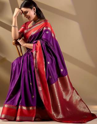Purple silk blend woven design saree with blouse 3