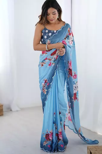 aqua blue heavy chiffon mirror work saree