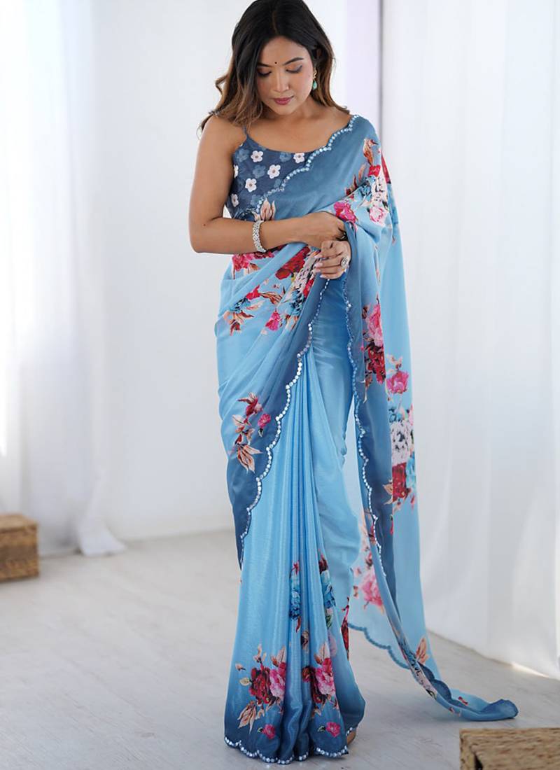 aqua blue heavy chiffon mirror work saree