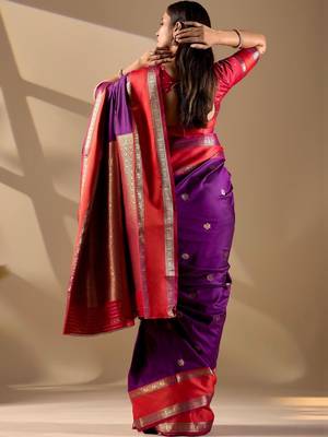 Purple silk blend woven design saree with blouse 4