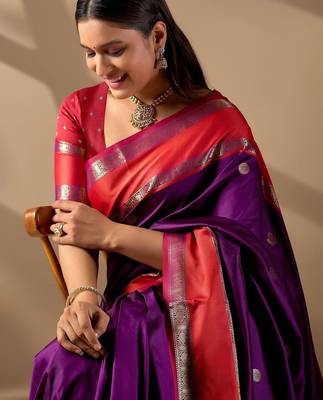 Purple silk blend woven design saree with blouse 5