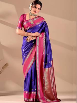 Blue silk blend woven design saree with blouse 1