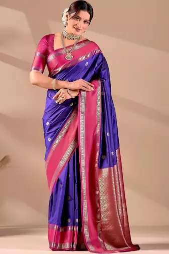 Blue silk blend woven design saree with blouse