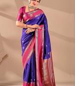 Blue silk blend woven design saree with blouse