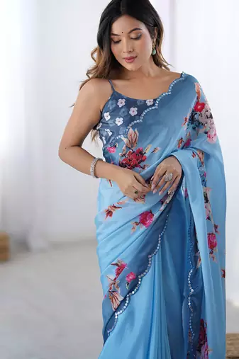 aqua blue heavy chiffon mirror work saree